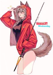 Rule 34 | 1girl, :o, animal ears, arknights, bai xin, black one-piece swimsuit, breasts, commentary request, cowboy shot, fishing rod, from side, grey eyes, grey hair, hand in pocket, hand up, holding, holding fishing rod, hood, hood up, hooded jacket, jacket, long sleeves, looking at viewer, medium breasts, official alternate costume, one-piece swimsuit, open clothes, open jacket, partial commentary, projekt red (arknights), projekt red (light breeze) (arknights), red jacket, short hair, solo, sparkle, standing, sweat, swimsuit, tail, thigh strap, thighs, wolf ears, wolf tail