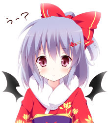 Rule 34 | 1girl, alternate costume, bad id, bad pixiv id, blush, bow, female focus, hair bow, hair ornament, hairclip, kurono yuzuko, new year, remilia scarlet, simple background, solo, touhou, upper body, white background, wings