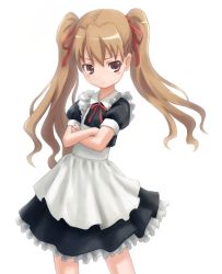 Rule 34 | 00s, 1girl, aisaka taiga, alternate hairstyle, brown eyes, brown hair, crossed arms, dress, frills, frown, hair ribbon, long hair, maid, mzd421, ribbon, simple background, solo, standing, toradora!, twintails, white background