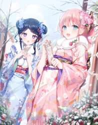 Rule 34 | 2girls, :d, a20 (atsumaru), blue eyes, blue flower, blue hair, blue kimono, blush, braid, braided bangs, chestnut mouth, commentary request, day, double bun, flower, fur collar, hair bun, hair flower, hair ornament, highres, japanese clothes, kimono, long hair, long sleeves, looking at viewer, multiple girls, obi, omikuji, open mouth, original, outdoors, pink flower, pink hair, pink kimono, pink rose, purple eyes, rose, sash, smile, wide sleeves