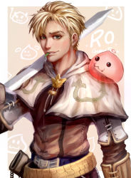 Rule 34 | 1boy, :3, :p, angeling, beige background, belt, blonde hair, border, brown pants, brown shirt, capelet, demon tail, deviling, green eyes, greenteaa, holding, holding sword, holding weapon, in mouth, leaf, looking at viewer, male focus, outside border, over shoulder, pants, parted lips, poring, ragnarok online, scabbard, sheath, shirt, short hair, signature, slime (creature), smile, sword, sword over shoulder, swordsman (ragnarok online), tail, tongue, tongue out, upper body, weapon, weapon over shoulder, white border, white capelet