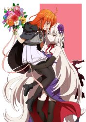 Rule 34 | 2girls, absurdres, ahoge, bare shoulders, black cape, blush, bouquet, breasts, cape, carrying, carrying person, cleavage, dress, fate/grand order, fate (series), flower, fujimaru ritsuka (female), grey hair, hair flower, hair ornament, highres, jeanne d&#039;arc alter (avenger) (fate), jeanne d&#039;arc alter (fate), large breasts, long hair, multiple girls, oiun, one side up, open mouth, orange eyes, orange hair, purple dress, short hair, skirt, smile, thighhighs, very long hair, white skirt, yellow eyes, yuri