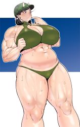 Rule 34 | 1girl, abs, belly, bikini, breasts, earrings, elf-san wa yaserarenai., highres, horns, huge breasts, jewelry, looking at viewer, midriff, muscular, muscular female, navel, oga (elf-san wa yaserarenai.), plump, pointy ears, ponytail, short hair, simple background, solo, swimsuit, synecdoche, thick thighs, thighs, white background