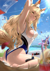 Rule 34 | 2girls, animal ears, arknights, arm up, armpits, artist name, ass, bare legs, barefoot, beach, beach umbrella, bird, blonde hair, blue sky, blurry, blurry foreground, blush, breasts, cloud, cloudy sky, commentary, competition swimsuit, cup, day, drink, full body, hair between eyes, highres, holster, horse ears, horse girl, horse tail, innertube, large breasts, lens flare, long hair, looking at viewer, multiple girls, nearl (arknights), nearl (shimmering dew) (arknights), ocean, official alternate costume, one-piece swimsuit, outdoors, parted lips, petals, polka dot, purple hair, rabbit ears, rope (arknights), rope (summer flowers) (arknights), sideboob, sitting, sky, smile, solo focus, sunlight, surfboard, swim ring, swimsuit, tail, thigh holster, thigh strap, thighs, umbrella, valim, wariza, wavy hair, white one-piece swimsuit, yellow eyes