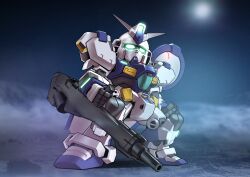 Rule 34 | absurdres, awacs, beam rifle, chibi, chinese commentary, clenched hand, commentary request, energy gun, glowing, glowing eyes, green eyes, gun, gundam, gundam 0083, gundam gp-00 blossom, gundam msv, highres, holding, holding gun, holding weapon, legs apart, making-of available, mecha, mecha focus, mobile suit, no humans, radar dish, robot, science fiction, sd gundam, solo, space, standing, v-fin, weapon, zakuma