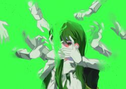 Rule 34 | 1boy, armband, black jacket, brown eyes, covering one eye, covering own mouth, disembodied hand, enkephalin (project moon), enlxmfflsdkgus, green armband, green background, green hair, green necktie, green theme, jacket, lobotomy corporation, long hair, necktie, netzach (project moon), project moon, shirt, solo, upper body, very long hair, white shirt