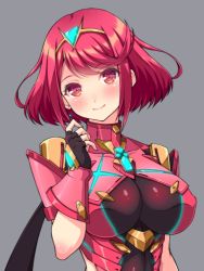 Rule 34 | 1girl, black gloves, blush, breasts, closed mouth, f 1chan, fingerless gloves, gloves, grey background, large breasts, looking at viewer, nintendo, pyra (xenoblade), red eyes, red hair, short hair, simple background, smile, solo, upper body, xenoblade chronicles (series), xenoblade chronicles 2