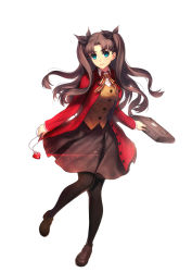 Rule 34 | 1girl, blue eyes, brown hair, fate/stay night, fate (series), hair ribbon, homurahara academy school uniform, jacket, jewelry, metto, necklace, pantyhose, red jacket, ribbon, school uniform, solo, thighhighs, tohsaka rin, two side up
