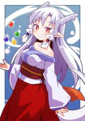 Rule 34 | 1girl, bare shoulders, blue background, blush, branch, breasts, cleavage, collarbone, dragon girl, dragon horns, dragon tail, grey hair, grin, highres, horns, japanese clothes, kimono, long hair, long sleeves, looking at viewer, medium breasts, obi, off shoulder, orb, original, pointy ears, red eyes, red skirt, sash, skirt, smile, solo, tail, tsukimi shokudouki, very long hair, white hair, white kimono, wide sleeves, yukinagi