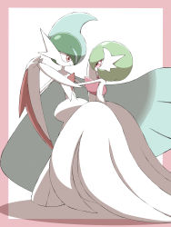 Rule 34 | absurdres, border, closed mouth, colored skin, commentary request, creatures (company), dancing, eye contact, gallade, game freak, gardevoir, gen 3 pokemon, gen 4 pokemon, holding hands, highres, looking at another, mega gallade, mega gardevoir, mega pokemon, nintendo, pink border, pokemon, pokemon (creature), shabana may, smile, standing, white background, white skin