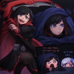 Rule 34 | 2girls, belt buckle, belt pouch, black dress, black footwear, black hair, black pantyhose, blanket, blue eyes, boots, buckle, cape, chibi, chocolate chip cookie, cookie, crescent rose, dress, eating, english text, food, gradient hair, highres, holding, holding scythe, knee up, multicolored hair, multiple girls, open mouth, p0tart0, pantyhose, parted bangs, pouch, purple eyes, red cape, red hair, ruby rose, rwby, scythe, short hair, sweatdrop, under covers, variations, weiss schnee, white hair