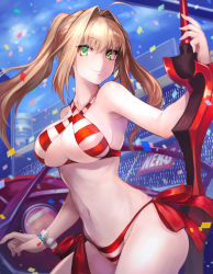 Rule 34 | 1girl, aestus estus, ahoge, bead bracelet, beads, bikini, blonde hair, blue sky, blush, bracelet, breasts, car, character name, closed mouth, collarbone, confetti, contrapposto, criss-cross halter, day, earrings, fate/grand order, fate (series), green eyes, hair intakes, halterneck, highres, holding, holding sword, holding weapon, jewelry, large breasts, long hair, looking at viewer, motor vehicle, navel, nero claudius (fate), nero claudius (fate) (all), nero claudius (swimsuit caster) (fate), omoti (1201208), outdoors, red bikini, revision, side-tie bikini bottom, sky, smile, solo, stadium, standing, striped bikini, striped clothes, swimsuit, sword, thighs, twintails, weapon, white bikini