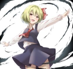 Rule 34 | &gt;:), 1girl, black skirt, blonde hair, blush, bow, breasts, collared shirt, eyelashes, fang, fingernails, frilled sleeves, frills, hair between eyes, hair bow, head tilt, highres, looking at viewer, neckerchief, open mouth, outstretched arms, red bow, red eyes, red neckerchief, rumia, shirt, short hair, simple background, skirt, small breasts, smile, solo, standing, straight hair, szl, touhou, umbrakinesis, v-shaped eyebrows, white background, white shirt, wind, wind lift