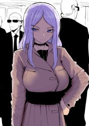 Rule 34 | 1girl, 2boys, absurdres, black choker, bodyguard, breasts, choker, coat, commentary, cowboy shot, earpiece, english commentary, engrish commentary, eyes visible through hair, hand on own hip, highres, large breasts, light purple hair, long hair, looking to the side, matching hair/eyes, multiple boys, norman maggot, original, parted bangs, purple eyes, standing, sunglasses