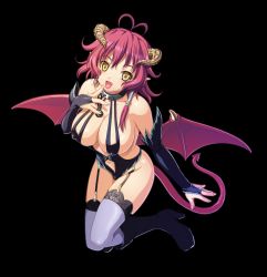 Rule 34 | 10s, 1girl, bare shoulders, breasts, cleavage, covered erect nipples, demon girl, demon tail, demon wings, fang, gloves, highres, horns, kyonyuu fantasy, large breasts, navel, official art, open mouth, pointy ears, red hair, shamsiel shahar, sideboob, solo, tail, thighhighs, wings