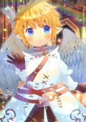 Rule 34 | 1girl, warrior of light (ff14), blonde hair, blue eyes, blurry, blurry background, blush, brown gloves, brown pants, closed mouth, commentary request, depth of field, feathered wings, fictional persona, final fantasy, final fantasy xiv, gloves, grey wings, hair between eyes, kou hiyoyo, lalafell, long sleeves, looking at viewer, pants, pointy ears, robe, short hair, smile, solo, white robe, wings