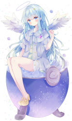 Rule 34 | 1girl, absurdres, angel, angel wings, bad id, bad pixiv id, blue bow, blue eyes, blue hair, blue jacket, blush, bow, commentary, dress, feathered wings, full body, green dress, hair between eyes, halo, high heels, highres, jacket, long hair, looking at viewer, original, parted lips, shoes, short sleeves, sitting, solo, star (symbol), starry background, symbol-only commentary, tsukiyo (skymint), very long hair, white background, white wings, wings, yellow footwear