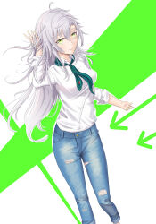 Rule 34 | 1girl, ahoge, denim, double-parted bangs, eiyuu densetsu, fie claussell, hair between eyes, hand in own hair, highres, jeans, kuro no kiseki, long hair, looking at viewer, necktie, pants, shirt, sleeves rolled up, smile, solo, torn clothes, torn jeans, torn pants, white hair, witch f, yellow eyes