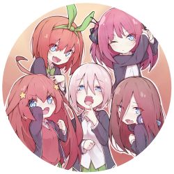 5girls absurdres black_ribbon blue_eyes bow bowtie cardigan commentary_request fang go-toubun_no_hanayome green_hairband green_neckwear green_skirt hair_between_eyes hair_ornament hair_ribbon hairband headphones headphones_around_neck highres holding holding_own_hair huge_filesize long_hair looking_at_viewer mmhomm multiple_girls nakano_ichika nakano_itsuki nakano_miku nakano_nino nakano_yotsuba one_eye_closed open_mouth pink_hair quintuplets red_cardigan red_hair ribbon round_image school_uniform shirt short_hair siblings sisters skin_fang skirt star_(symbol) star_hair_ornament white_shirt