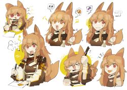 Rule 34 | &gt; &lt;, ..., 1girl, :|, ?, @ @, animal ears, arknights, brown jacket, ceobe (arknights), closed mouth, commentary, dog ears, dog tail, drooling, eating, english text, eyes visible through hair, hand up, hands up, holding, holding pen, jacket, long sleeves, looking at viewer, multiple views, odmised, open mouth, orange hair, paper, pen, pointing, pointing at self, red eyes, simple background, sparkling eyes, speech bubble, spoken clothes, spoken food, spoken question mark, sweatdrop, tail, white background, writing