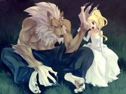 Rule 34 | 1girl, bare shoulders, beastman, blue eyes, claws, dress, elbow gloves, gloves, grass, hand on another&#039;s cheek, hand on another&#039;s face, long hair, maitake (loose), original, pants, red eyes, sitting, wedding dress