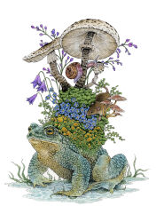 Rule 34 | absurdres, animal focus, blue flower, commentary, english commentary, flower, forest, frog, highres, lea chaillaud, moss, mouse (animal), mushroom, nature, no humans, original, painting (medium), purple flower, simple background, snail, toad (animal), traditional media, watercolor (medium), white background