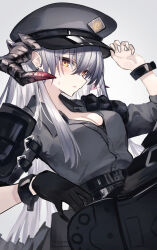 Rule 34 | 1girl, absurdres, arknights, black hat, black wrist cuffs, diieru, dragon girl, dragon horns, gloves, hat, highres, horns, official alternate costume, orange eyes, police, police hat, police uniform, saria (arknights), saria (the law) (arknights), single glove, sleeves rolled up, solo, tactical clothes, tagme, uniform, wrist cuffs