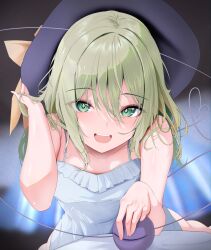 Rule 34 | 1girl, 258n, absurdres, black hat, blush, commentary request, dress, fingernails, frilled dress, frills, green eyes, green hair, hat, hat ribbon, heart, heart of string, highres, komeiji koishi, long hair, looking at viewer, open mouth, paid reward available, ribbon, smile, solo, third eye, touhou, white dress, yellow ribbon