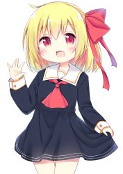 Rule 34 | 1girl, :d, absurdres, ascot, black dress, blonde hair, blush, bow, commentary request, dress, esureki, fang, hair between eyes, hair bow, highres, long hair, long sleeves, looking at viewer, open mouth, red ascot, red bow, red eyes, rumia, sailor collar, sailor dress, simple background, skirt hold, sleeves past wrists, smile, solo, touhou, white background, white sailor collar