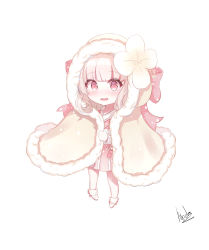 Rule 34 | 1girl, absurdres, alswp5806, blush, bow, brown cloak, brown hair, chibi, cloak, flower, food fantasy, fur-trimmed cloak, fur-trimmed hood, fur trim, fur trimm, highres, holding, hood, hood up, hooded cloak, jiuniang (food fantasy), long hair, long sleeves, looking at viewer, parted lips, pink bow, pink skirt, pleated skirt, red eyes, shoes, signature, simple background, skirt, solo, standing, wavy mouth, white background, white flower, white footwear