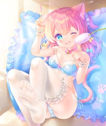Rule 34 | + +, 1girl, ahoge, animal ears, arm up, bad id, bad pixiv id, bare shoulders, bell, blue bow, blue bra, blue eyes, blue panties, bow, bow bra, bra, breasts, cat ears, cat girl, cat tail, cattail, choker, collarbone, commentary request, feet, frilled pillow, frilled thighhighs, frills, hair bow, hand on own ear, hand on own ear, highres, jingle bell, komachi pochi, long hair, neck bell, no shoes, one eye closed, open mouth, original, panties, pillow, pink bow, pink choker, plant, side-tie panties, small breasts, soles, solo, tail, tears, thighhighs, underwear, wavy mouth, white thighhighs, wrist cuffs, yellow bow