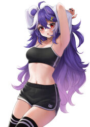 Rule 34 | 1girl, absurdres, ahoge, animal ears, armpits, arms behind head, arms up, bare shoulders, bear ears, black nails, black shirt, black shorts, black thighhighs, breasts, camisole, cowboy shot, crop top, dolphin shorts, fang, gradient hair, hair between eyes, highres, indie virtual youtuber, long hair, looking at viewer, medium breasts, messy hair, midriff, mole, mole under eye, multicolored hair, nail polish, navel, open mouth, purple hair, red eyes, sahara1127, shirt, short shorts, shorts, simple background, sleeveless, sleeveless shirt, solo, spaghetti strap, standing, stomach, thighhighs, thighs, two-tone hair, uji jiji, undressing, very long hair, virtual youtuber, white background