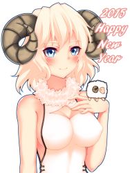 Rule 34 | 1girl, 2015, absurdres, animal ears, bare shoulders, blonde hair, blue eyes, blush, breasts, cleavage cutout, closed mouth, clothing cutout, covered erect nipples, fur trim, hand on own chest, happy new year, highres, horns, kuroleo, looking at viewer, medium breasts, new year, original, sheep, sheep ears, sheep girl, sheep horns, short hair, simple background, sleeveless, smile, solo, upper body, white background