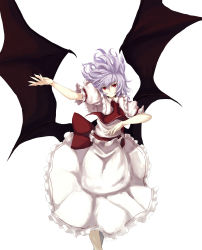 Rule 34 | 1girl, absurdres, asagi (kabocha oukoku), asagi shii, ascot, bad id, bad pixiv id, bat wings, dress, female focus, highres, light purple hair, no headwear, outstretched arm, pink eyes, red eyes, remilia scarlet, short hair, simple background, smile, solo, touhou, wings