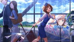 Rule 34 | 1boy, 2girls, :o, aircraft, airplane, airport, amami haruka, blue skirt, blue sky, blue vest, blunt bangs, blush, brown hair, cloud, extra, faceless, faceless female, faceless male, feet out of frame, glass, handkerchief, hat, holding luggage, idol, idolmaster, idolmaster million live!, idolmaster million live! theater days, lens flare, light particles, looking at viewer, looking to the side, luggage, mini hat, multiple girls, official art, open collar, partially unzipped, pencil skirt, rolling suitcase, running, shirt, skirt, sky, suitcase, travel attendant, vest, white shirt