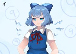 Rule 34 | 1girl, :d, blue bow, blue dress, blue eyes, blue hair, bow, breasts, circled 9, cirno, detached wings, dress, eyebrows hidden by hair, gradient background, hands on own hips, highres, ice, ice wings, light blue background, looking at viewer, majime joe, open mouth, pinafore dress, red neckwear, red ribbon, ribbon, short sleeves, signature, sleeveless dress, small breasts, smile, solo, touhou, upper body, v-shaped eyebrows, wing collar, wings