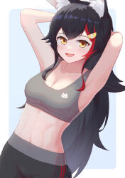 Rule 34 | 1girl, animal ear fluff, animal ears, animal print, armpits, arms behind back, arms up, bare arms, black hair, black pants, bra, breasts, cat print, cleavage, collarbone, cowboy shot, dutch angle, fang, flipped hair, gradient hair, grey bra, grey hair, grey sports bra, hair between eyes, hair ornament, highres, hololive, blue background, light blush, long hair, looking at viewer, medium breasts, midriff, multicolored hair, navel, ookami mio, open mouth, pants, red hair, sidelocks, simple background, smile, solo, sports bra, sportswear, streaked hair, tongue, typho, underwear, virtual youtuber, wolf ears, yellow eyes