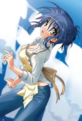 Rule 34 | 00s, 1girl, apron, blue hair, breasts, clannad, cleavage, denim, covered erect nipples, jeans, medium breasts, pants, sagara misae, sleeves rolled up, solo, yellow eyes
