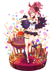 Rule 34 | 1girl, :d, ankle bow, ankle ribbon, bare legs, between breasts, black footwear, black skirt, bow, bracelet, breasts, castle, cleavage, crown, disgaea, faux figurine, feather boa, full body, harada takehito, heart, jewelry, leg ribbon, looking at viewer, makai senki disgaea 5, makai wars, medium breasts, miniskirt, navel, necktie, necktie between breasts, official art, open mouth, pink hair, pointy ears, ponytail, purple eyes, red necktie, ribbon, sandals, seraphina (disgaea), short hair, sidelocks, skirt, smile, solo, standing