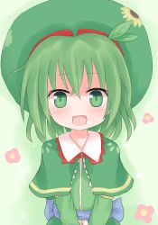 Rule 34 | 1girl, female focus, flower, green eyes, green hair, hat, leaf, leaf on head, matching hair/eyes, no nose, object on head, open mouth, original, seoi ha, shize (coletti), solo, touhou, touhou shizenyu