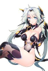 Rule 34 | 1girl, bare shoulders, blue eyes, blush, breasts, cleavage, elbow gloves, gloves, headgear, highres, large breasts, leotard, long hair, looking at viewer, meg (soccer spirits), multicolored eyes, navel, purple eyes, see-through, silver hair, smile, snowball22, soccer spirits, solo, tail, thighhighs, transparent background, twintails, very long hair