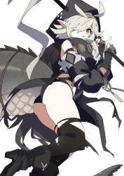 Rule 34 | ahoge, arknights, black footwear, black gloves, black panties, black shirt, black sleeves, black thighhighs, boots, commentary, crocodilian tail, detached sleeves, foot out of frame, gloves, goggles, goggles around neck, grey hair, hair over one eye, highres, holding, holding staff, hood, hood up, looking at viewer, panties, partially fingerless gloves, pointy ears, shirt, short hair, solo, staff, tail, thighhighs, tomimi (arknights), torn clothes, torn thighhighs, underwear, vegetable noda, yellow eyes