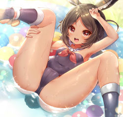 Rule 34 | 1girl, animal ear fluff, animal ears, arm up, armpits, ass, azur lane, bare shoulders, blue one-piece swimsuit, breasts, brown eyes, brown hair, cameltoe, covered navel, dark-skinned female, dark skin, hand on own head, highres, i-26 (azur lane), kneepits, legs, legs up, lying, on back, one-piece swimsuit, open mouth, partially submerged, rabbit ears, rabbit girl, rabbit tail, short hair, small breasts, smile, solo, spread legs, strapless, strapless one-piece swimsuit, swimsuit, tail, thighs, water, yufukiri