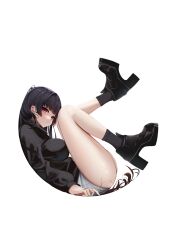 1girl amaterasu_(himegami_emaki) black_footwear black_hair black_shirt black_socks blunt_bangs breasts curled_up defaultkavy full_body highres himegami_emaki knees_to_chest long_hair long_sleeves looking_at_viewer red_eyes shirt shorts socks tachi-e white_background white_shorts