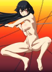 Rule 34 | 10s, 1girl, akame (akame ga kill!), akame ga kill!, artist request, bare legs, bare shoulders, barefoot, black hair, blush, breasts, chain, erutanaru, feet, full body, gradient background, katana, long hair, looking at viewer, midriff, navel, nipples, partially visible vulva, red eyes, simple background, slingshot swimsuit, solo, swimsuit, sword, very long hair, weapon