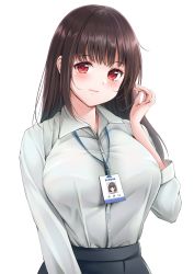 Rule 34 | 1girl, absurdres, bad anatomy, bad hand, black skirt, blush, breasts, brown hair, buttons, closed mouth, collared shirt, commentary request, dress shirt, hand up, hatsanxp, highres, id card, lanyard, large breasts, long hair, long sleeves, looking at viewer, office lady, original, pleated skirt, shirt, shirt tucked in, simple background, skirt, solo, white background, white shirt