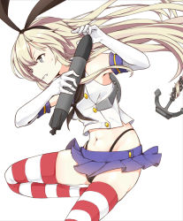 Rule 34 | 1girl, anchor hair ornament, black hairband, black panties, blonde hair, blue skirt, clenched teeth, elbow gloves, gloves, grey eyes, hair ornament, hairband, highres, holding, holding torpedo, kantai collection, long hair, navel, panties, shimakaze (kancolle), simple background, skirt, solo, soon (k mkc4), striped clothes, striped thighhighs, teeth, thighhighs, torpedo, underwear, white background, white gloves
