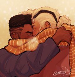 Rule 34 | 2boys, baptiste (overwatch), black hair, closed eyes, cold, couple, dark-skinned male, dark skin, forehead-to-forehead, from side, hair tattoo, heads together, highres, lifeweaver (overwatch), multiple boys, overwatch, overwatch 2, scarf, shared clothes, shared scarf, short hair, thick eyebrows, torufinn (ermine foster), undercut, upper body, winter, yaoi