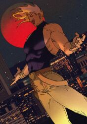 Rule 34 | 1boy, abs, ashva, blonde hair, bracelet, building, city, city lights, cityscape, commentary, dio brando, evil smile, full moon, highres, jewelry, jojo no kimyou na bouken, male focus, moon, muscular, muscular male, night, night sky, open mouth, outdoors, pants, pectorals, scenery, sky, skyscraper, smile, solo, star (sky), stardust crusaders, starry sky, symbol-only commentary, tower, vampire, yellow pants