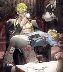 Rule 34 | abs, bara, bdsm, black pants, black suit, blush, bondage, bound, formal, human furniture, male focus, muscular, muscular male, newspaper, one piece, pants, pectoral cleavage, pectorals, roronoa zoro, runa (nori31291404), sanji (one piece), scar, scar on chest, sex toy, suit, tea, tight clothes, toned, toned male, twitching